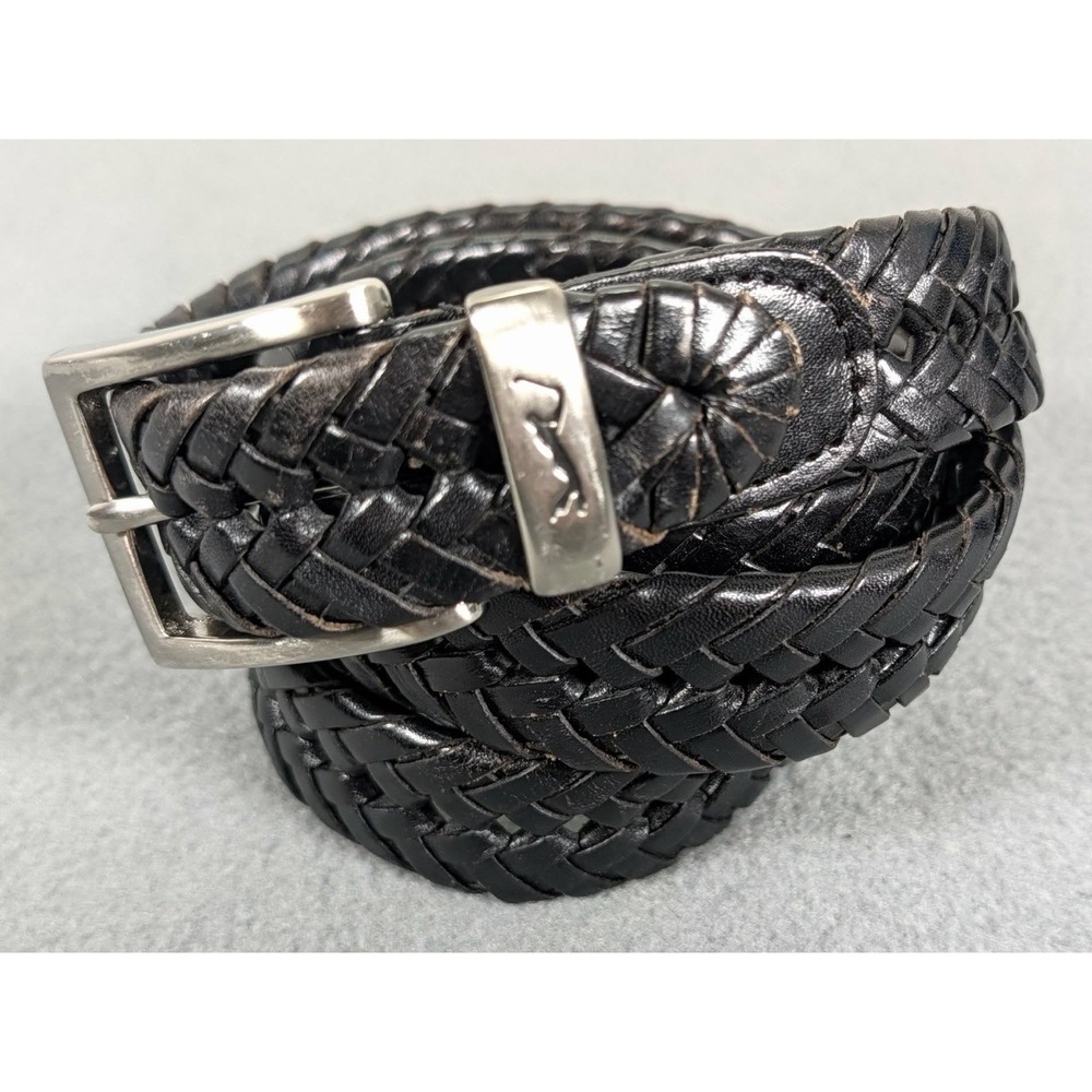 PGA Tour Braided Woven Black Leather Belt Men's 42 Logo Silver Buckle Golf